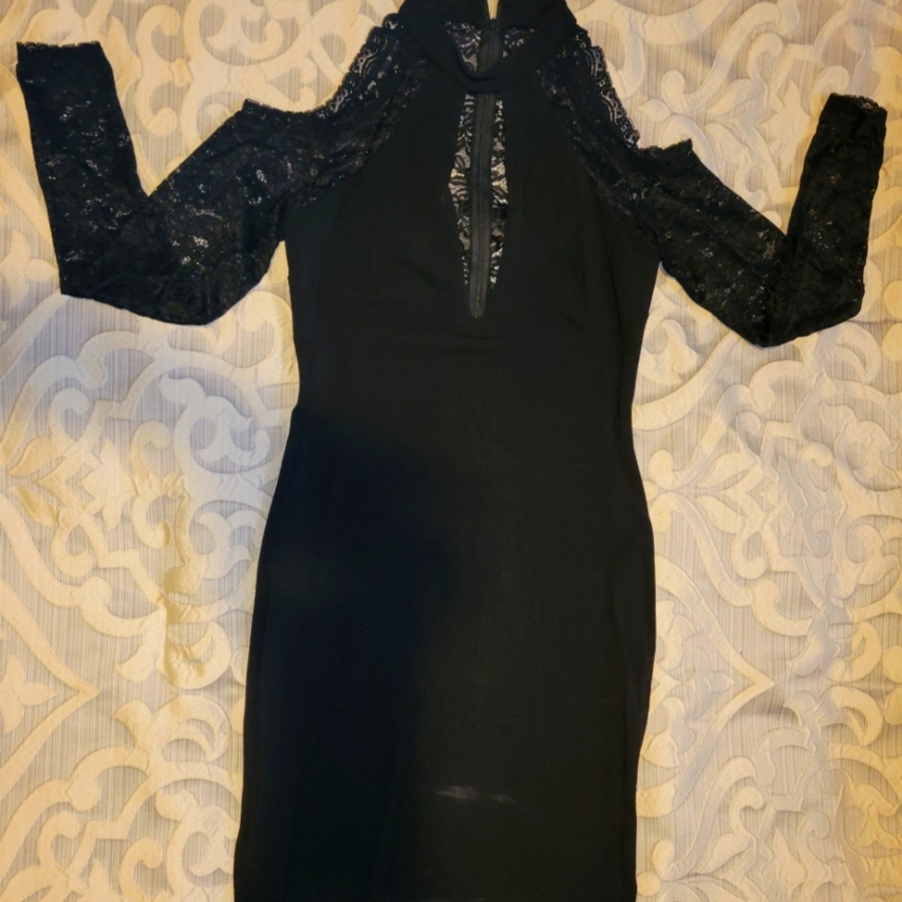 Lace open shoulder black midi dress, size 10